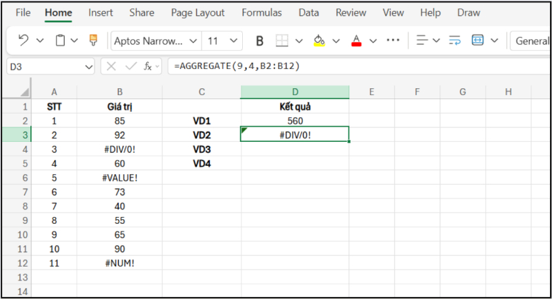 ví dụ tùy chọn AGGREGATE khi không bỏ qua lỗi