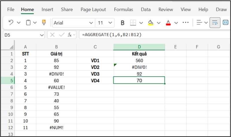 ví dụ AGGREGATE tính trung bình với tùy chọn bỏ lỗi