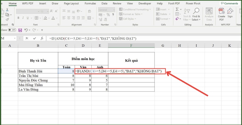 Công thức IF kết hợp AND để kiểm tra điểm