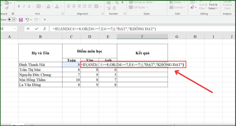Ví dụ hàm AND kết hợp OR trong Excel