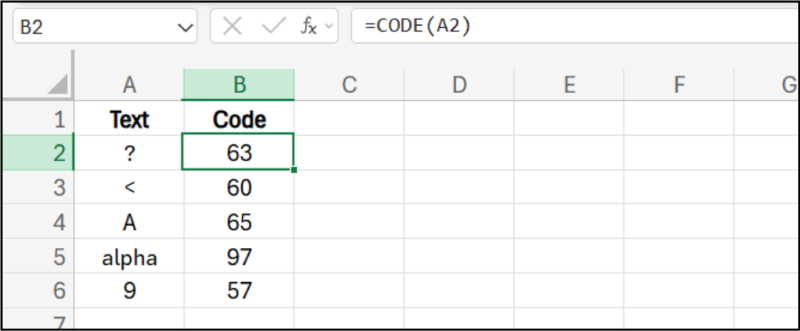 ví dụ hàm CODE trả về mã ký tự trong Excel