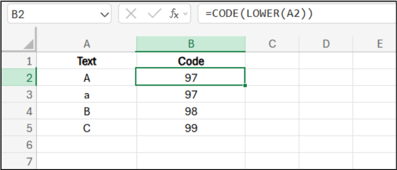 dùng hàm CODE kết hợp LOWER để lấy mã chữ thường