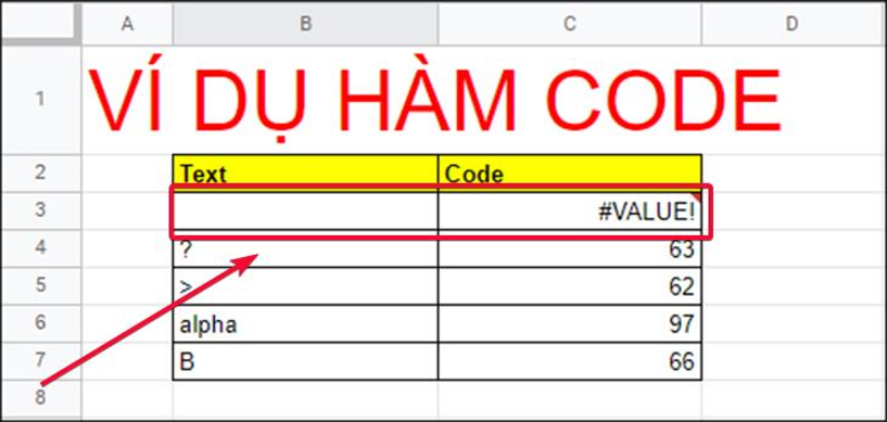 lỗi #VALUE! khi hàm CODE không đọc được ký tự