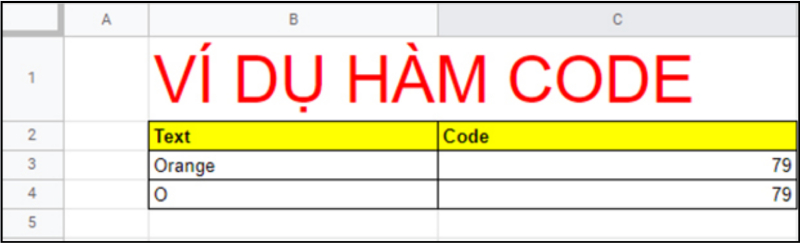 ví dụ hàm CODE với từ “Orange” và ký tự “O”