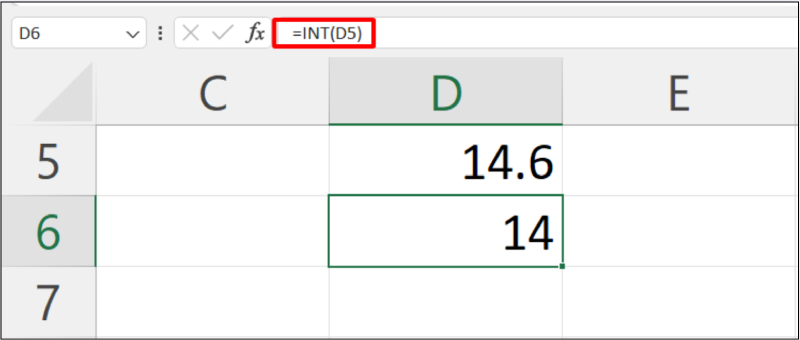 Làm tròn giá trị ô D5 bằng hàm INT trong Excel