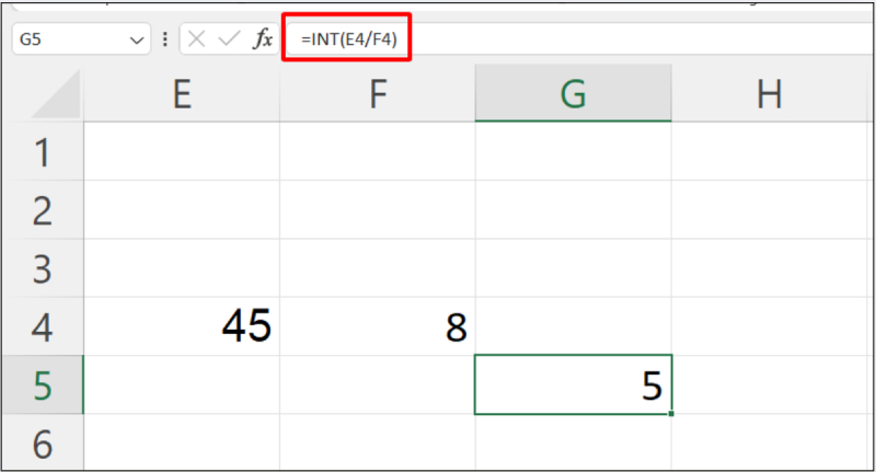 Áp dụng hàm INT cho phép chia E4 chia F4 trong Excel