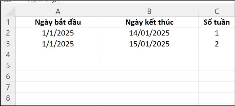 Bảng tính số tuần dựa trên ngày bắt đầu và ngày kết thúc