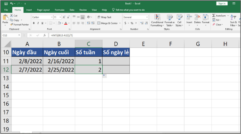 Kết quả số tuần sau khi áp dụng hàm INT trong Excel