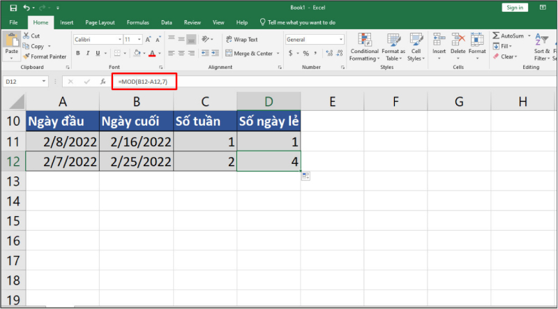 Tính số ngày lẻ bằng hàm MOD trong Excel