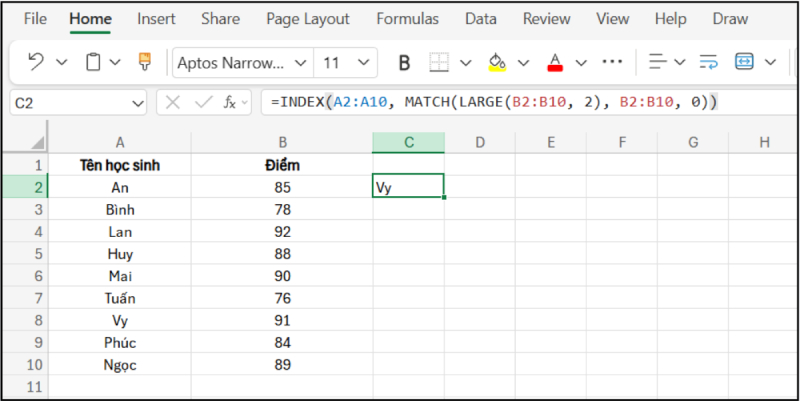 Hàm LARGE kết hợp INDEX MATCH để tìm học sinh điểm cao
