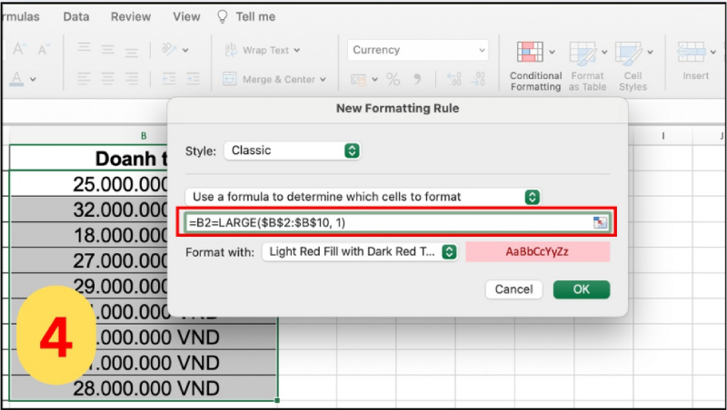 Hàm LARGE trong quy tắc định dạng Conditional Formatting Excel