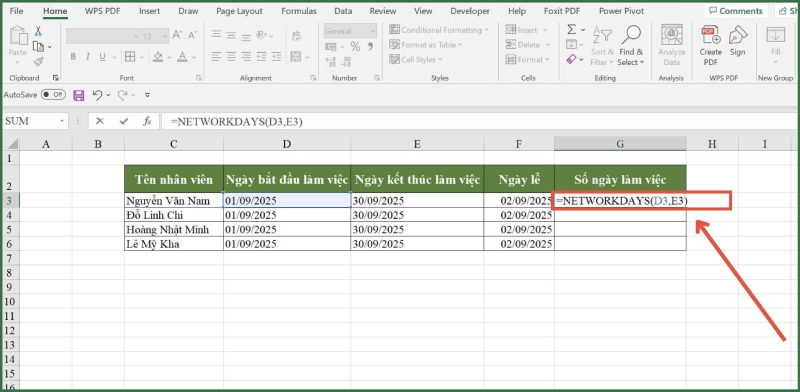 Công thức NETWORKDAYS tính ngày làm không bao gồm ngày lễ