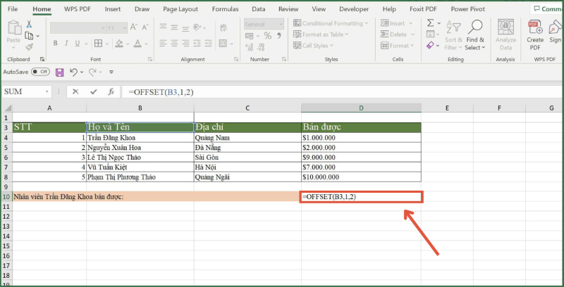 OFFSET lấy ô cần thiết