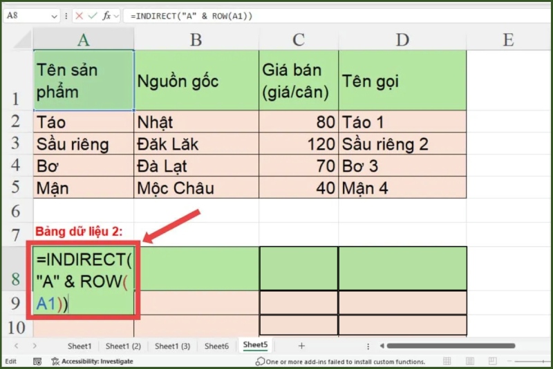 Dùng INDIRECT kết hợp ROW