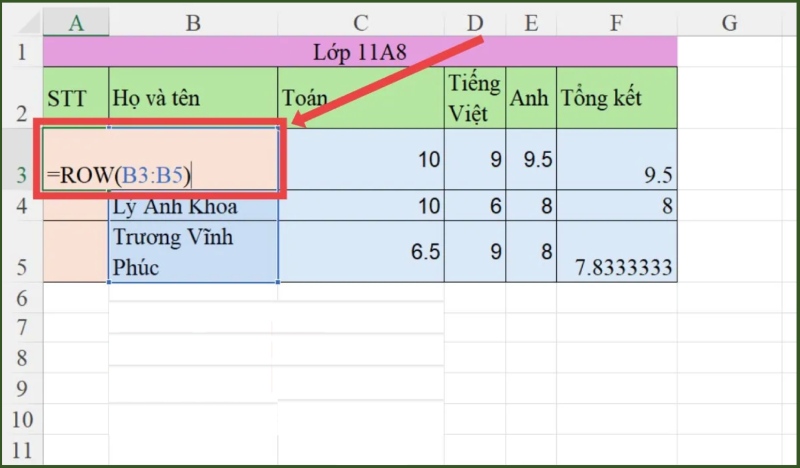 Sử dụng hàm ROW với phạm vi ô