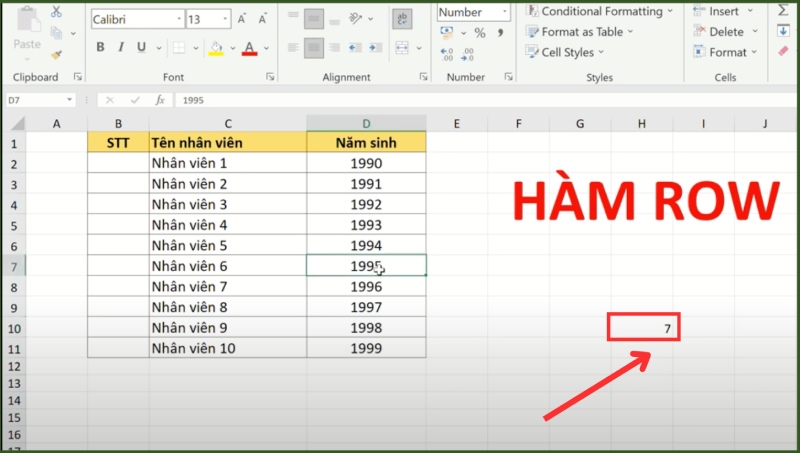 Hàm ROW trả số hàng của ô D7