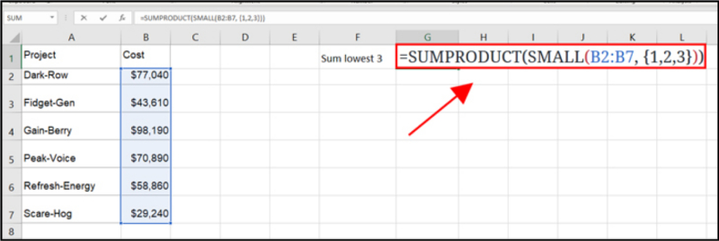 Công thức SUMPRODUCT với hàm SMALL để lấy giá trị nhỏ nhất