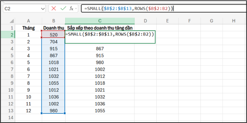 Sắp xếp doanh thu tăng dần bằng hàm SMALL và ROWS