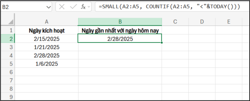 Hàm SMALL tìm ngày gần nhất dựa trên điều kiện COUNTIF
