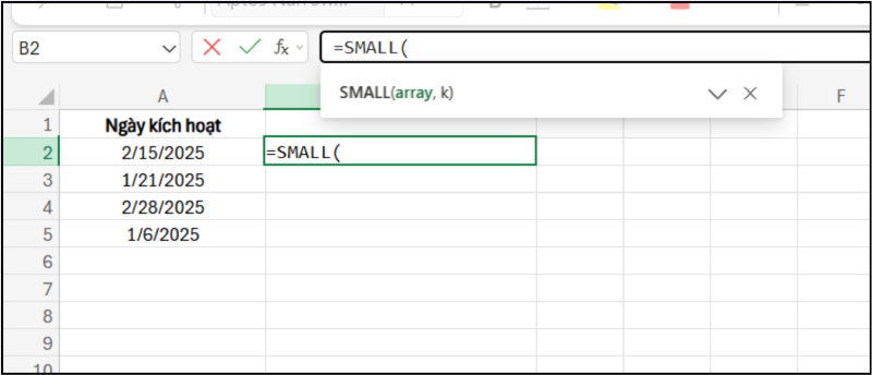 Cú pháp hàm SMALL trong Excel với gợi ý công thức