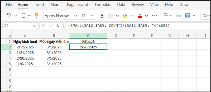 Ví dụ hàm SMALL tìm ngày nhỏ nhất theo điều kiện ngày kiểm tra