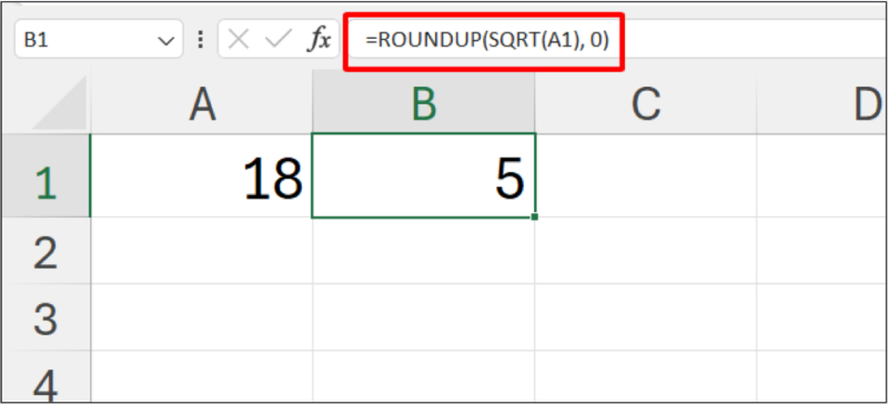 Ví dụ làm tròn lên khi dùng ROUNDUP với hàm SQRT