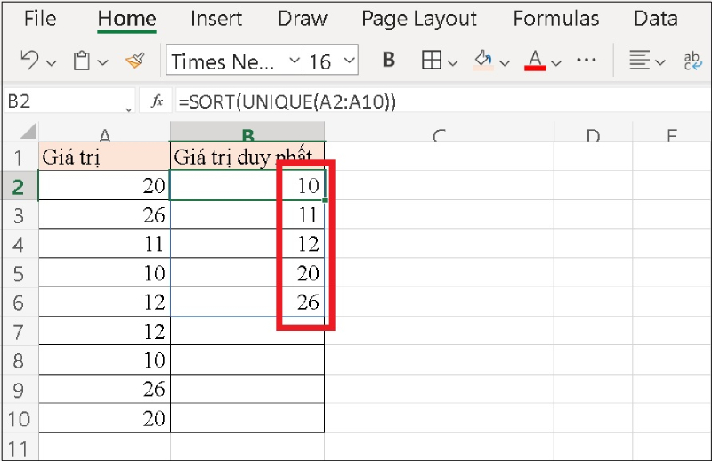 Lọc các giá trị duy nhất và sắp xếp chúng