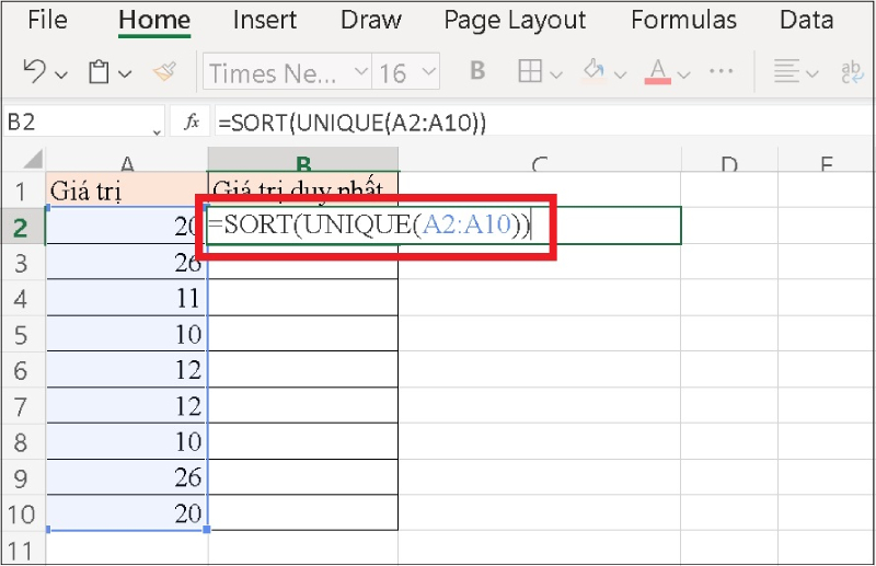 Sử dụng kết hợp hàm SORT và hàm UNIQUE
