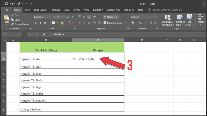 Kết quả sử dụng hàm UPPER để chuyển chữ thường thành in hoa