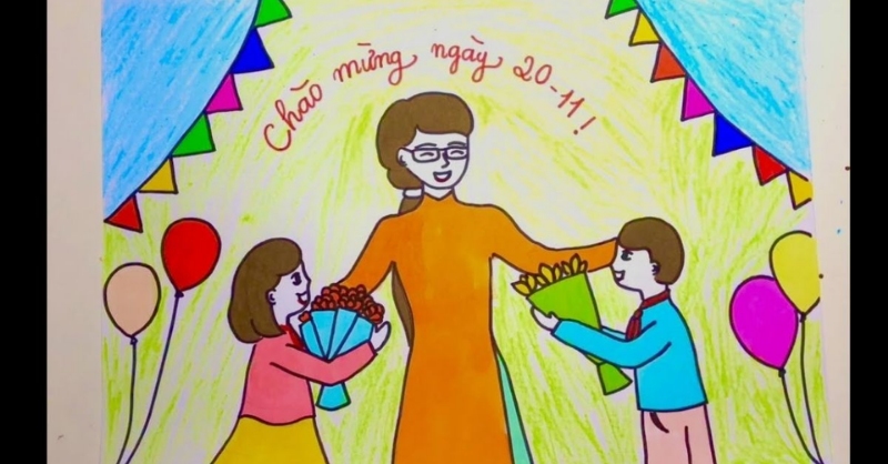 Hình tô màu học sinh tặng hoa cô giáo