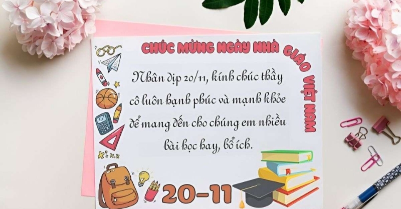 Thiệp chúc mừng 20/11 với bối cảnh hoa và sách vở