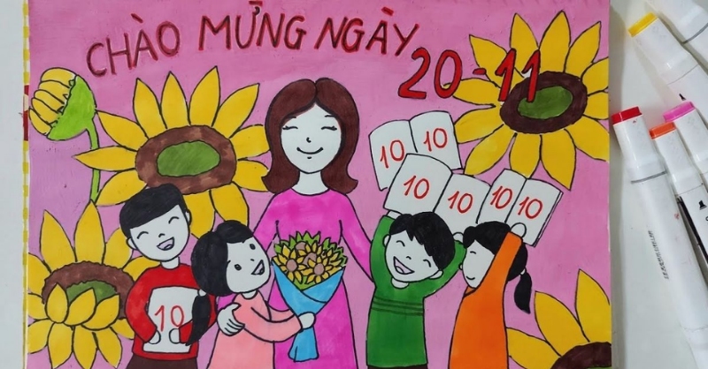 tranh 20/11 bé thể hiện tình cảm với cô