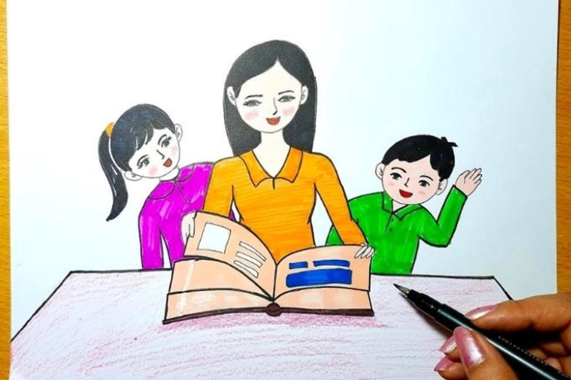 Tranh tô màu 20/11 cô giáo hướng dân học sinh đọc sách