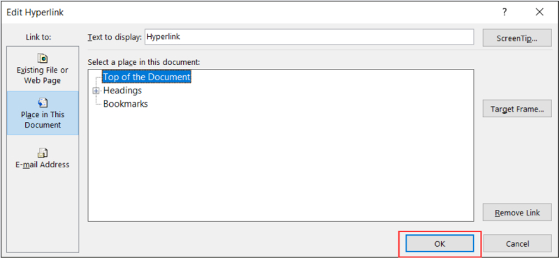 Chỉnh sửa liên kết và nhấn OK