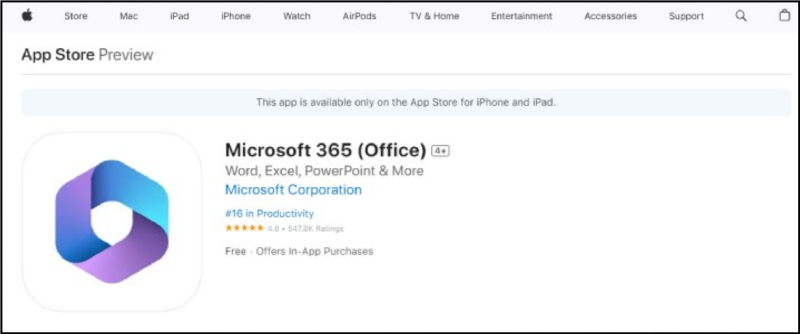 Trang App Store của ứng dụng Microsoft 365