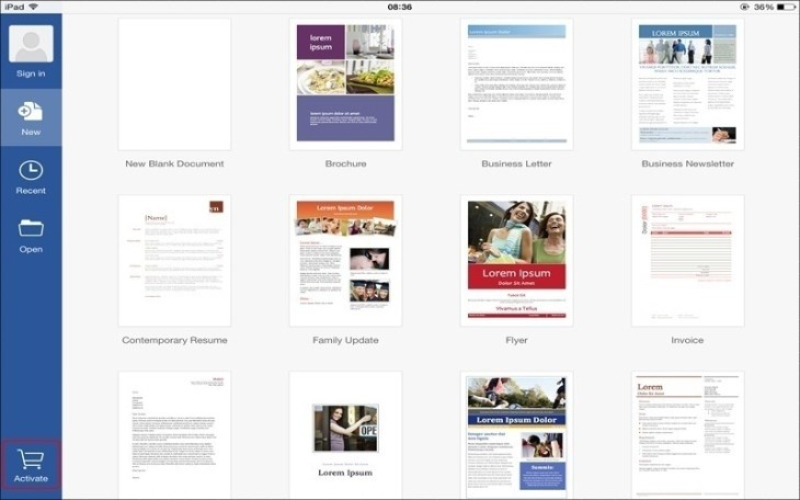 Giao diện mẫu tài liệu trên Word for iPad