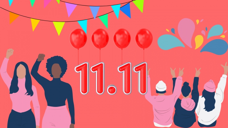 Nhóm bạn nữ giơ tay mừng ngày 11/11 với nền đỏ tươi và bóng bay