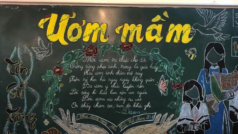 trang trí bảng chủ đề thư pháp đẹp