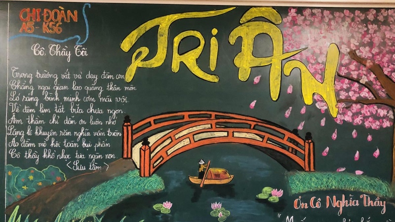 Mẫu trang trí bảng 20/11 với hoa và thư pháp độc đáo