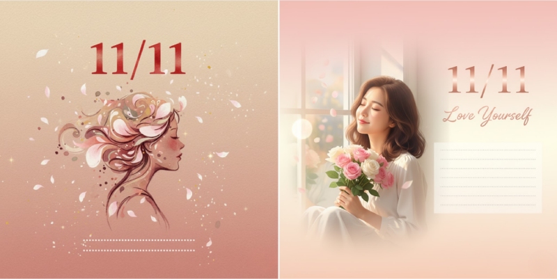 Thiệp 11/11 tông hồng pastel với hình vẽ cô gái nghệ thuật