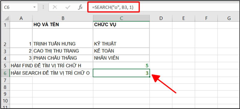 Dùng hàm SEARCH tìm vị trí chữ o
