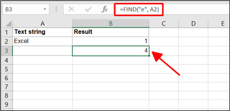 Dùng hàm FIND để tìm tìm ký tự "e" trong chuỗi Excel