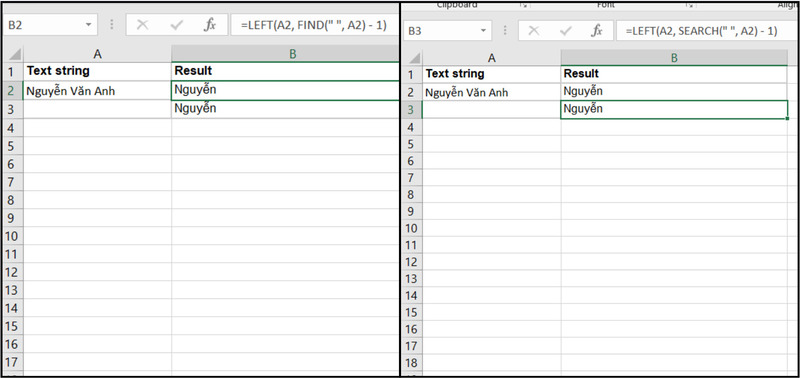 Hàm LEFT kết hợp FIND/SEARCH để tách họ