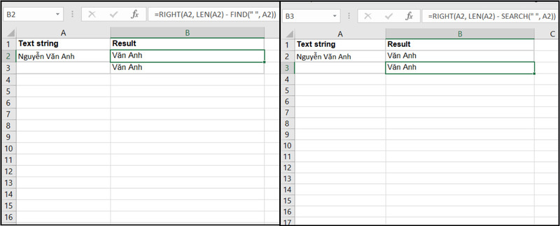 Hàm RIGHT kết hợp FIND/SEARCH để tách tên