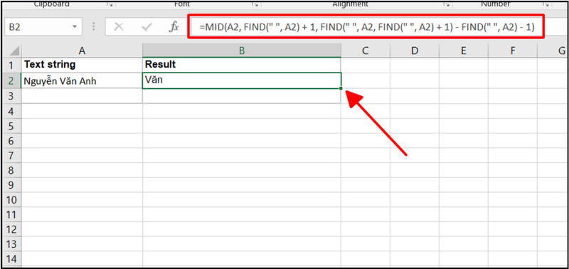 Lấy tên đệm bằng MID kết hợp FIND