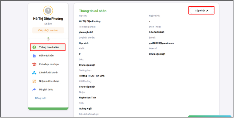 Trang thông tin cá nhân tài khoản VioEdu với mục cập nhật hồ sơ