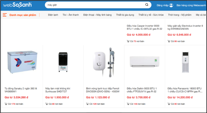 Trang Websosanh hiển thị kết quả tìm kiếm sản phẩm gia dụng