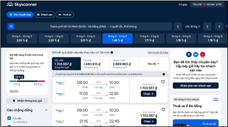 Tìm kiếm chuyến bay trên Skyscanner