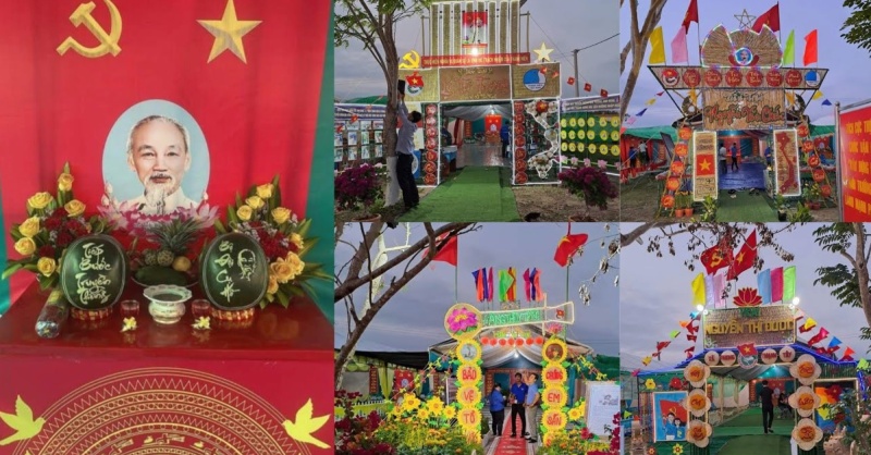 Bàn thờ và trang trí hội trại với hình Bác Hồ