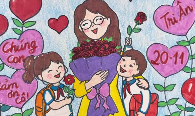Tranh vẽ cô giáo tươi cười nhận hoa từ học sinh